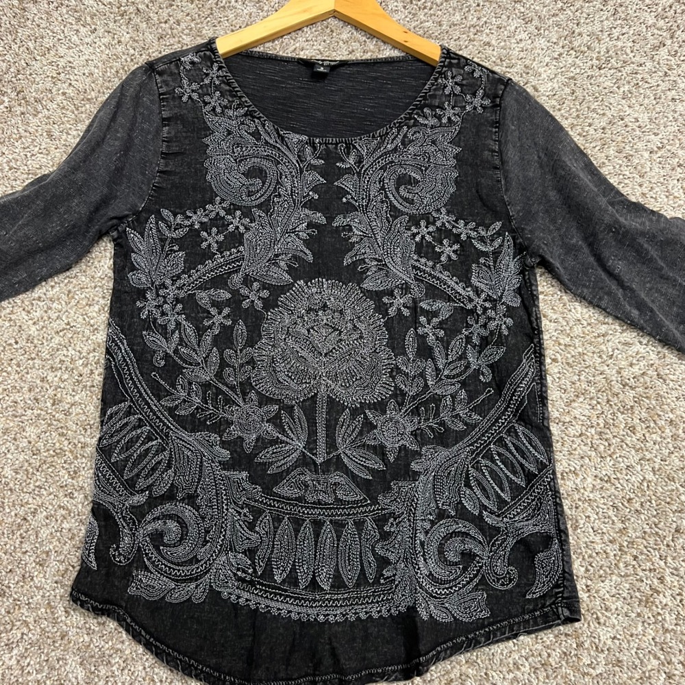 Lucky Brand Womens Black Embroidered Floral Paisley 3/4 Sleeve Top Small - Picture 3 of 6